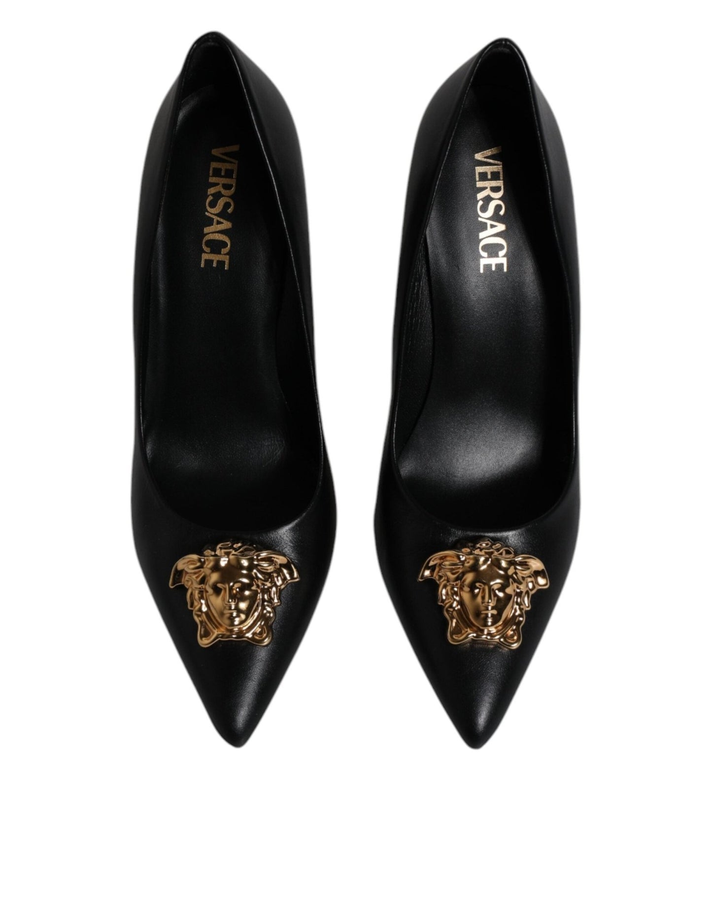 Versace Black Leather Logo Plaque High Heels Pumps Shoes - Sandy Store ByNet