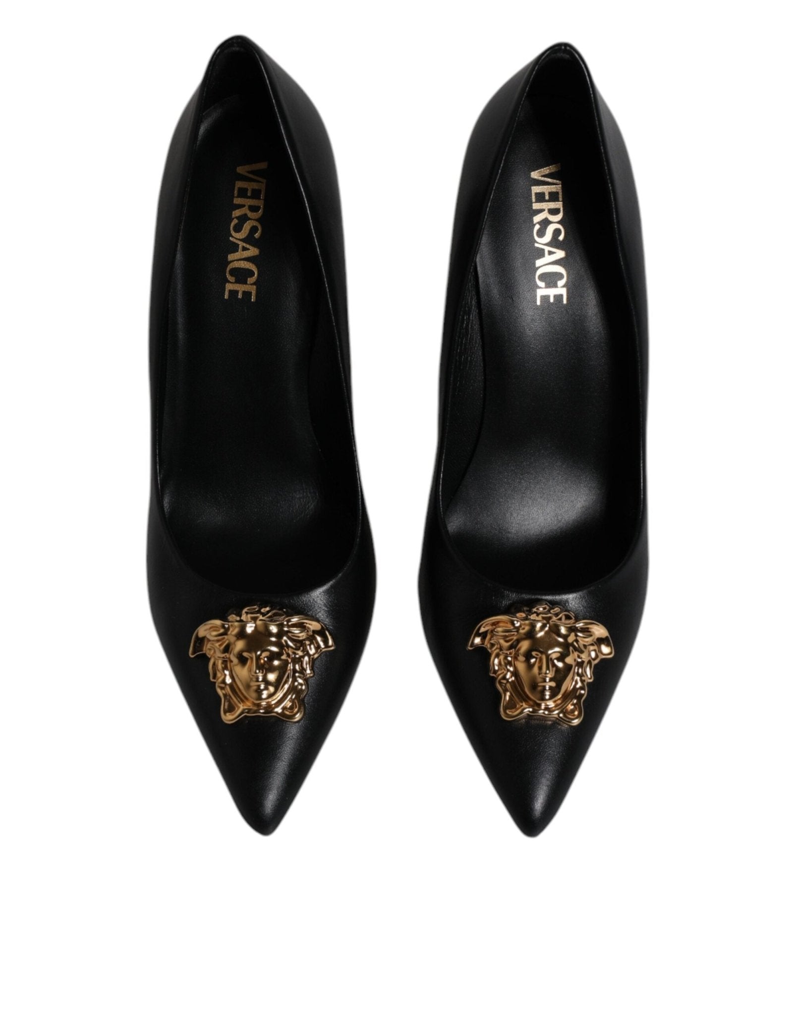 Versace Black Leather Logo Plaque High Heels Pumps Shoes - Sandy Store ByNet