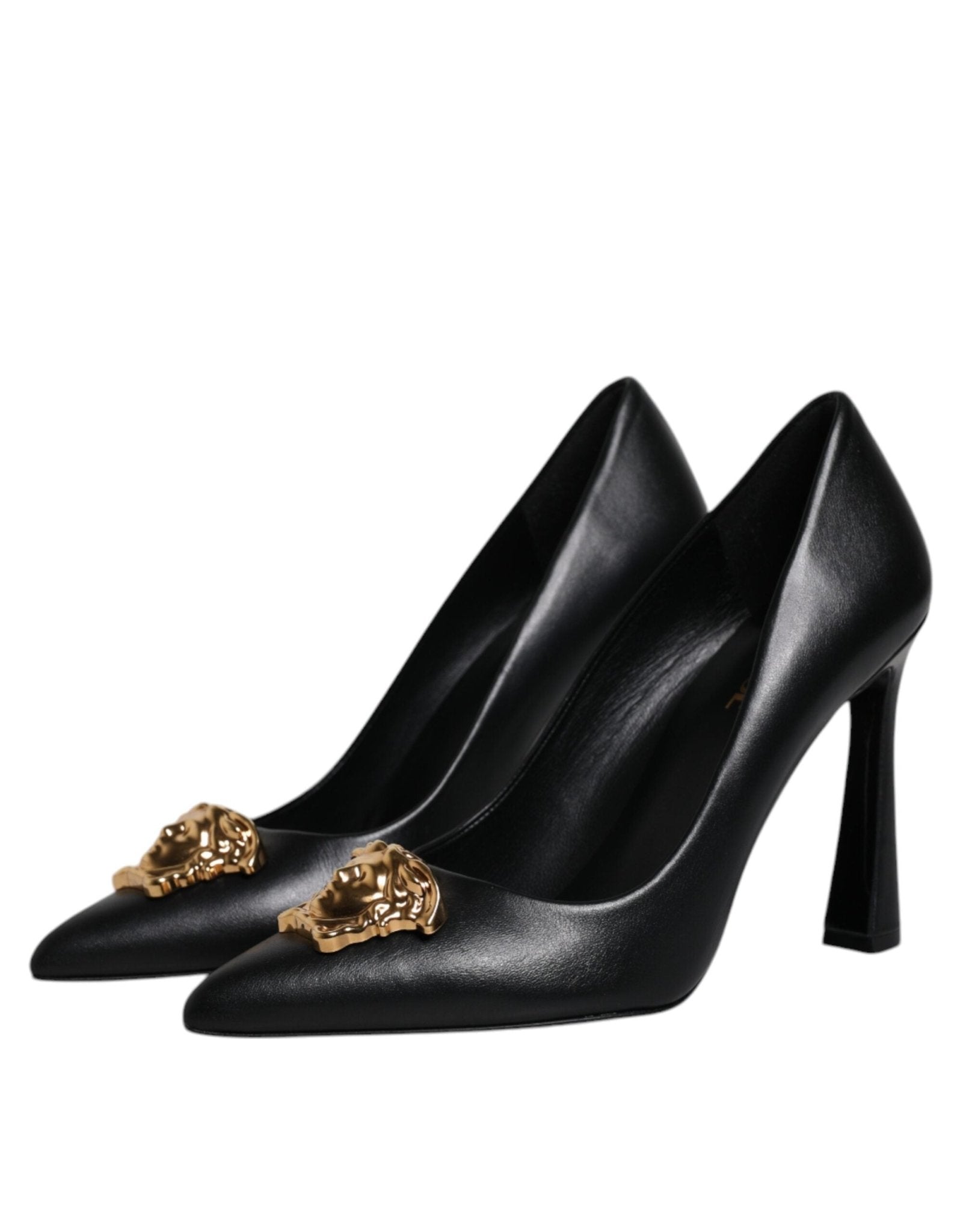 Versace Black Leather Logo Plaque High Heels Pumps Shoes - Sandy Store ByNet