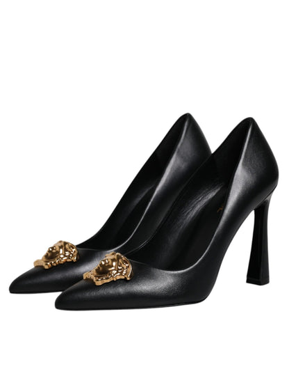 Versace Black Leather Logo Plaque High Heels Pumps Shoes - Sandy Store ByNet