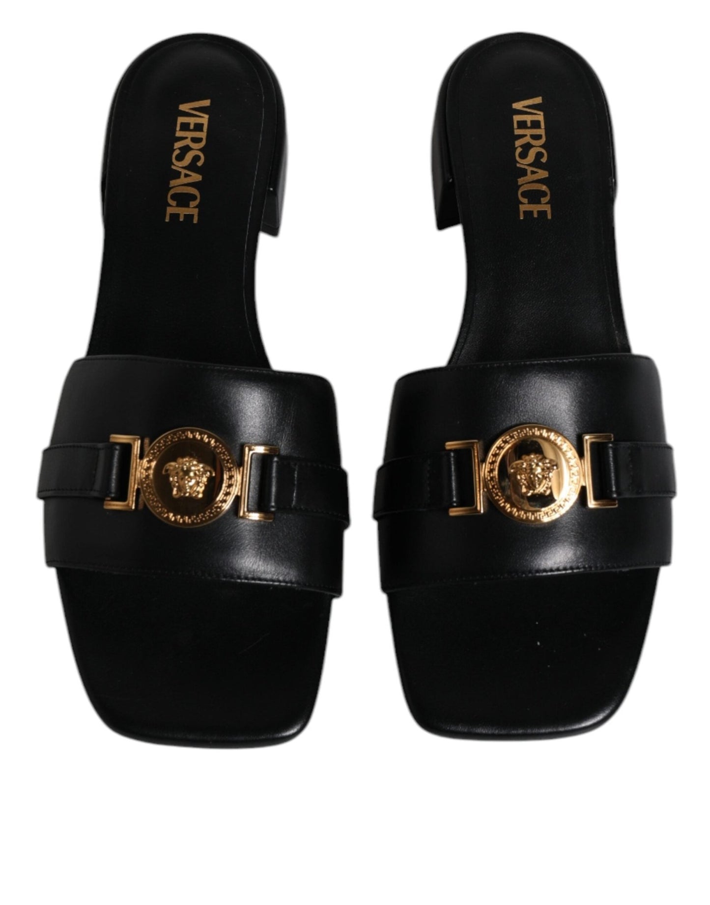Versace Black Leather Logo Plaque Slip On Slides Flats Shoes - Sandy Store ByNet