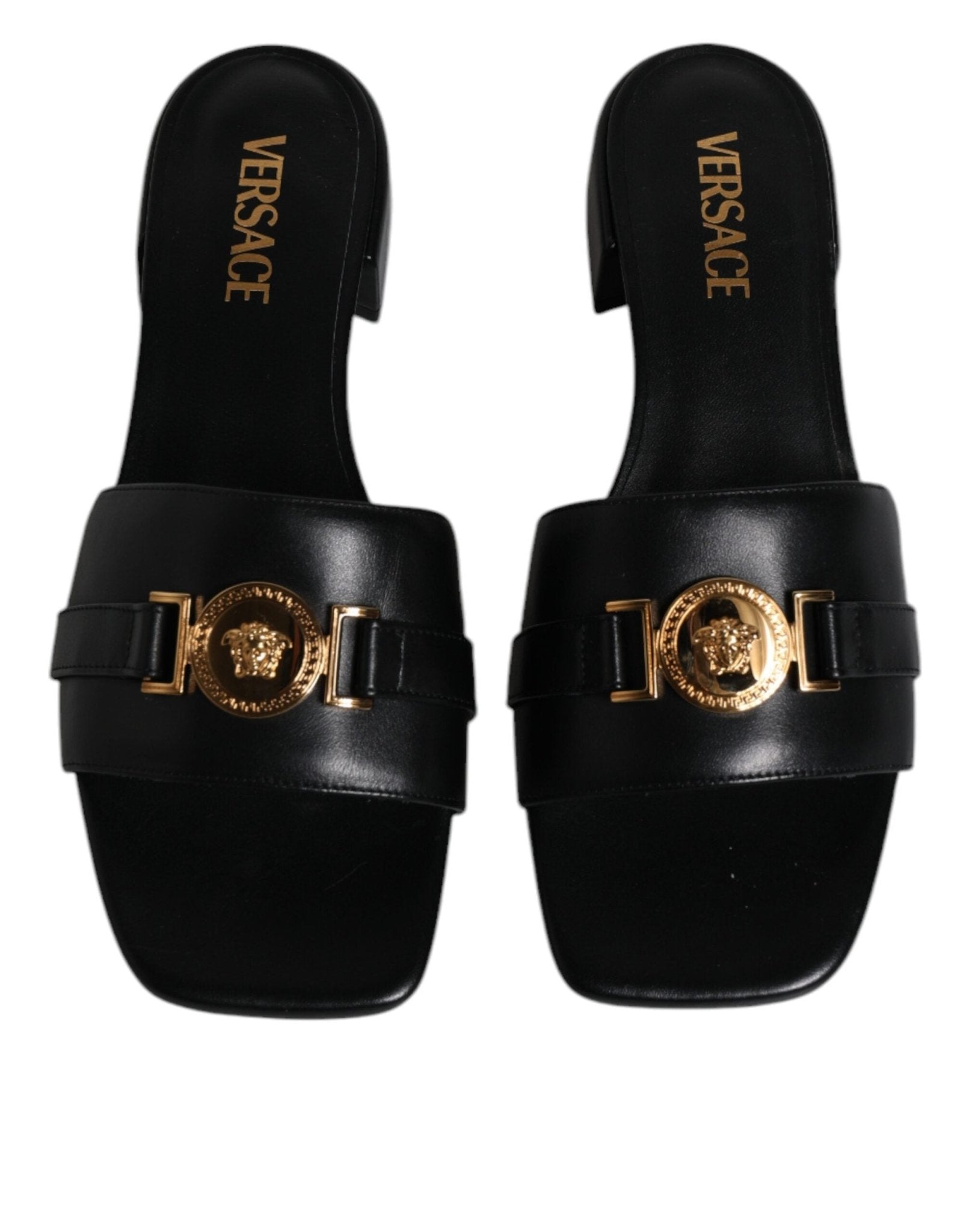 Versace Black Leather Logo Plaque Slip On Slides Flats Shoes - Sandy Store ByNet