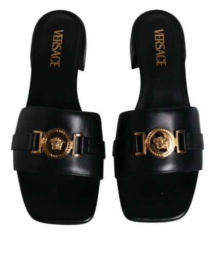 Versace Black Leather Logo Plaque Slip On Slides Flats Shoes - Sandy Store ByNet