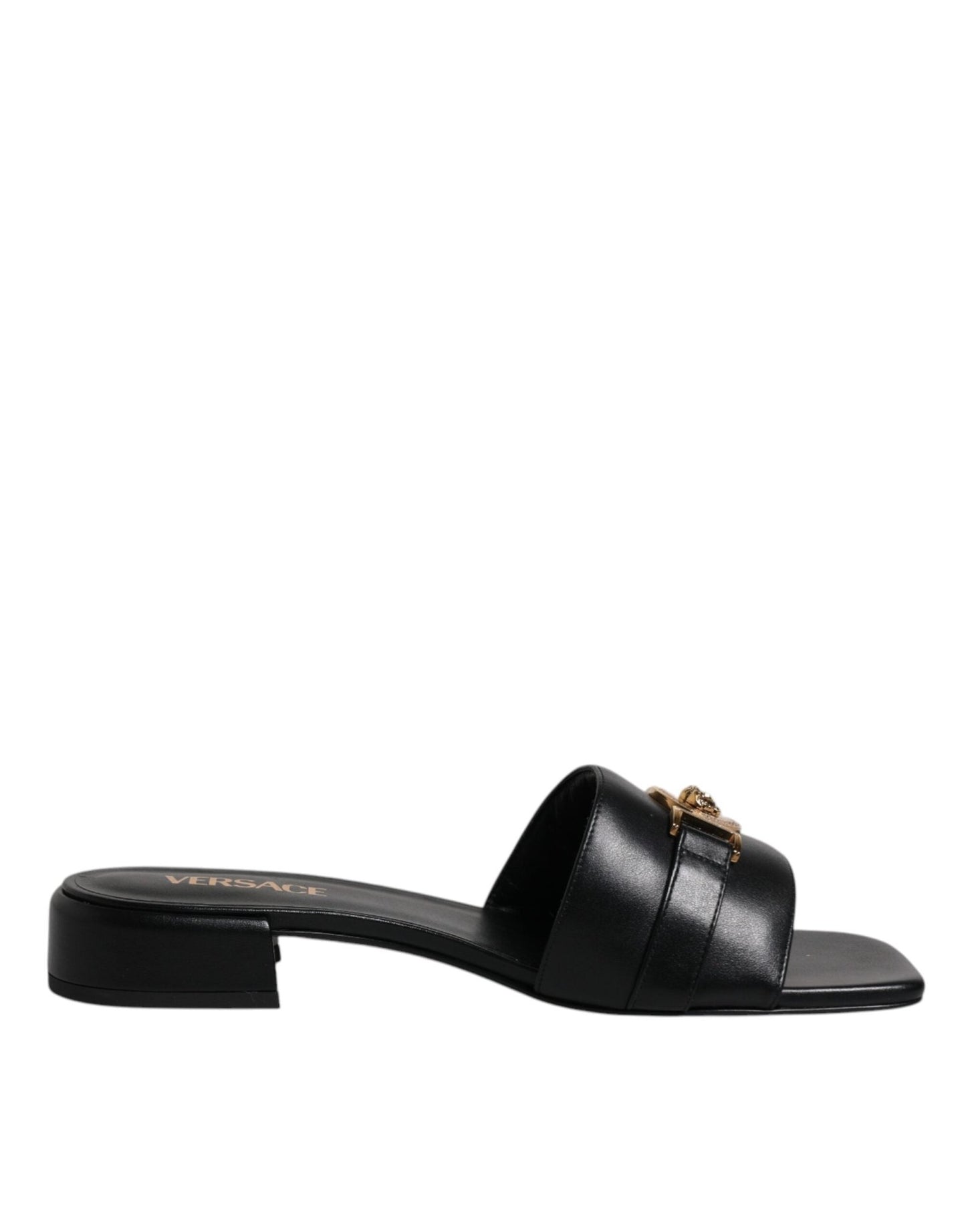 Versace Black Leather Logo Plaque Slip On Slides Flats Shoes - Sandy Store ByNet