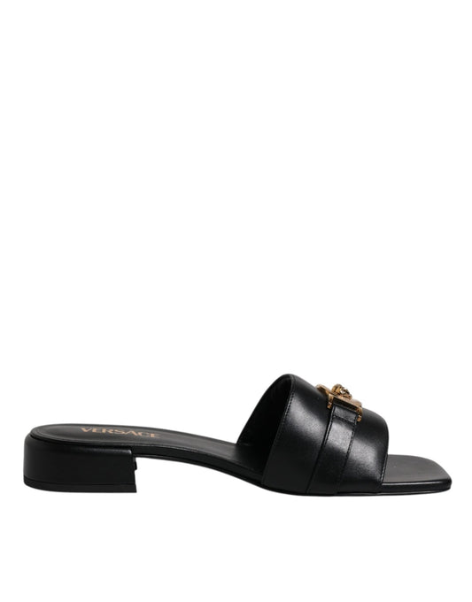 Versace Black Leather Logo Plaque Slip On Slides Flats Shoes - Sandy Store ByNet