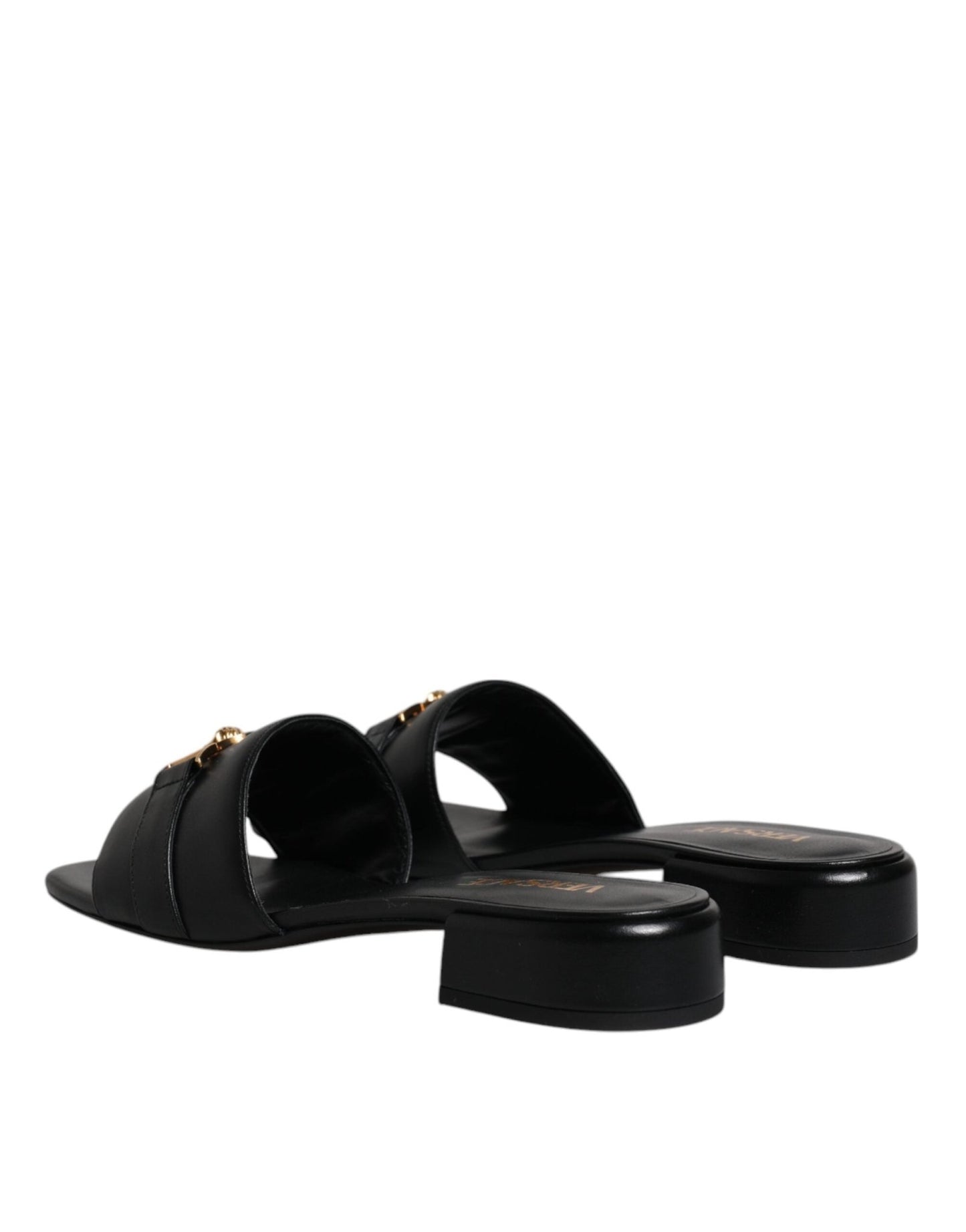 Versace Black Leather Logo Plaque Slip On Slides Flats Shoes - Sandy Store ByNet