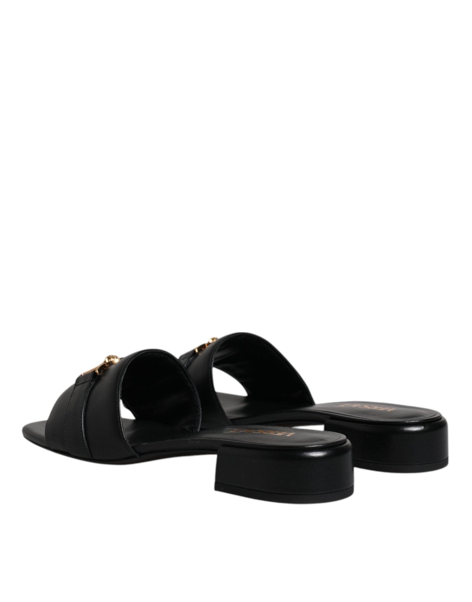 Versace Black Leather Logo Plaque Slip On Slides Flats Shoes - Sandy Store ByNet
