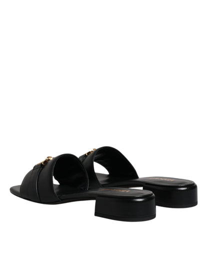 Versace Black Leather Logo Plaque Slip On Slides Flats Shoes - Sandy Store ByNet