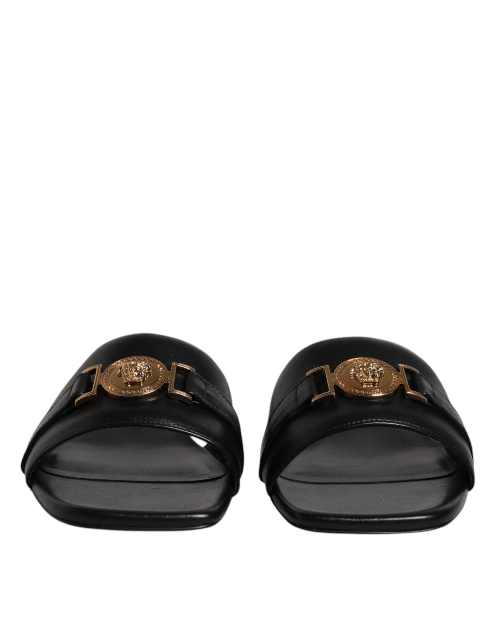 Versace Black Leather Logo Plaque Slip On Slides Flats Shoes - Sandy Store ByNet