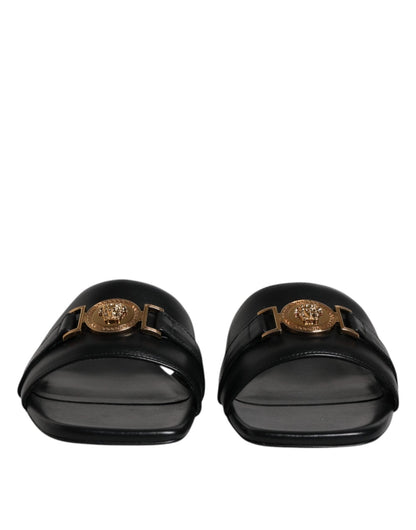 Versace Black Leather Logo Plaque Slip On Slides Flats Shoes - Sandy Store ByNet