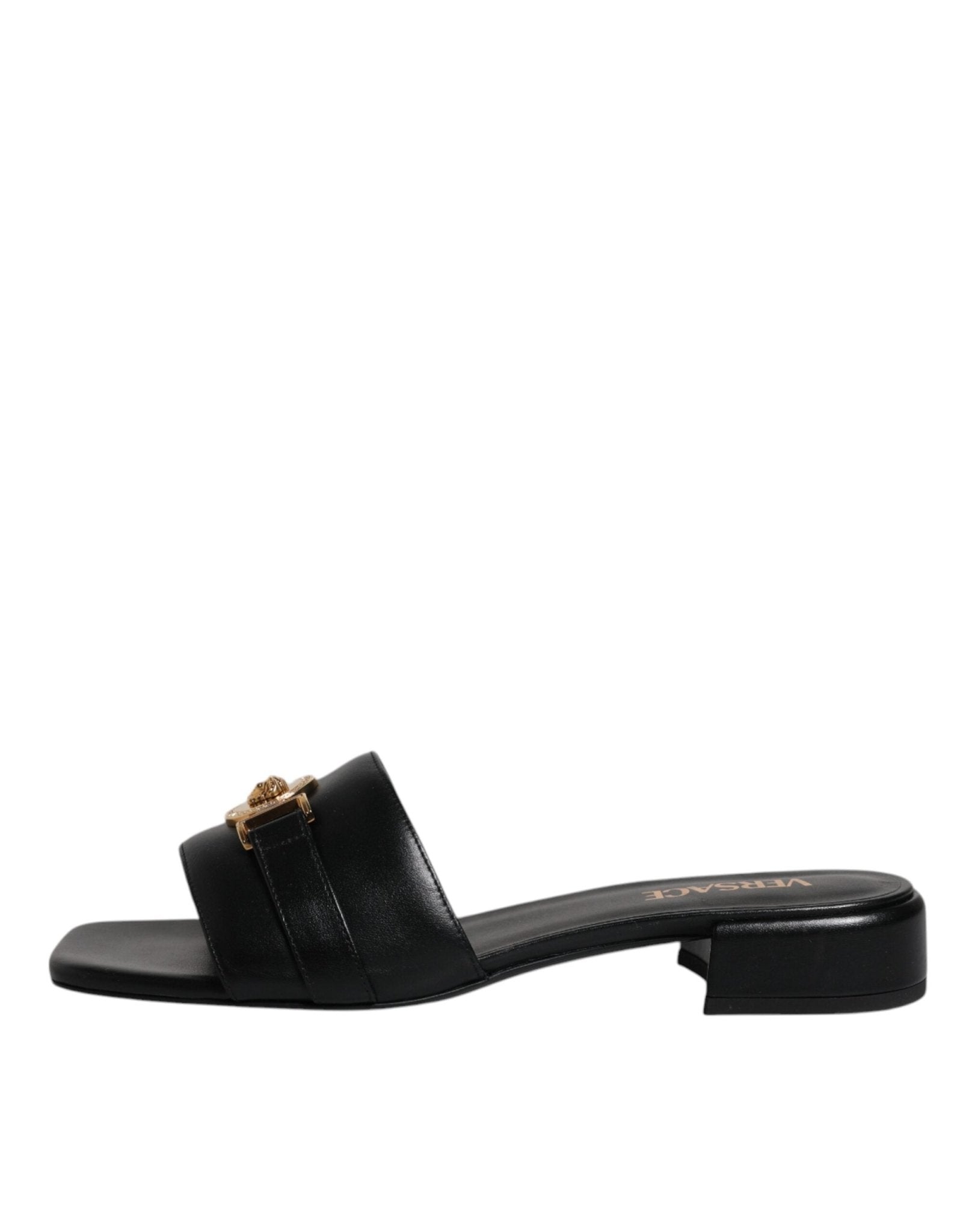 Versace Black Leather Logo Plaque Slip On Slides Flats Shoes - Sandy Store ByNet