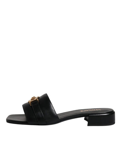 Versace Black Leather Logo Plaque Slip On Slides Flats Shoes - Sandy Store ByNet