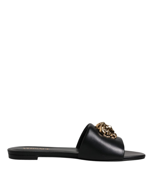 Versace Black Leather Logo Plaque Slip On Slides Flats Shoes - Sandy Store ByNet