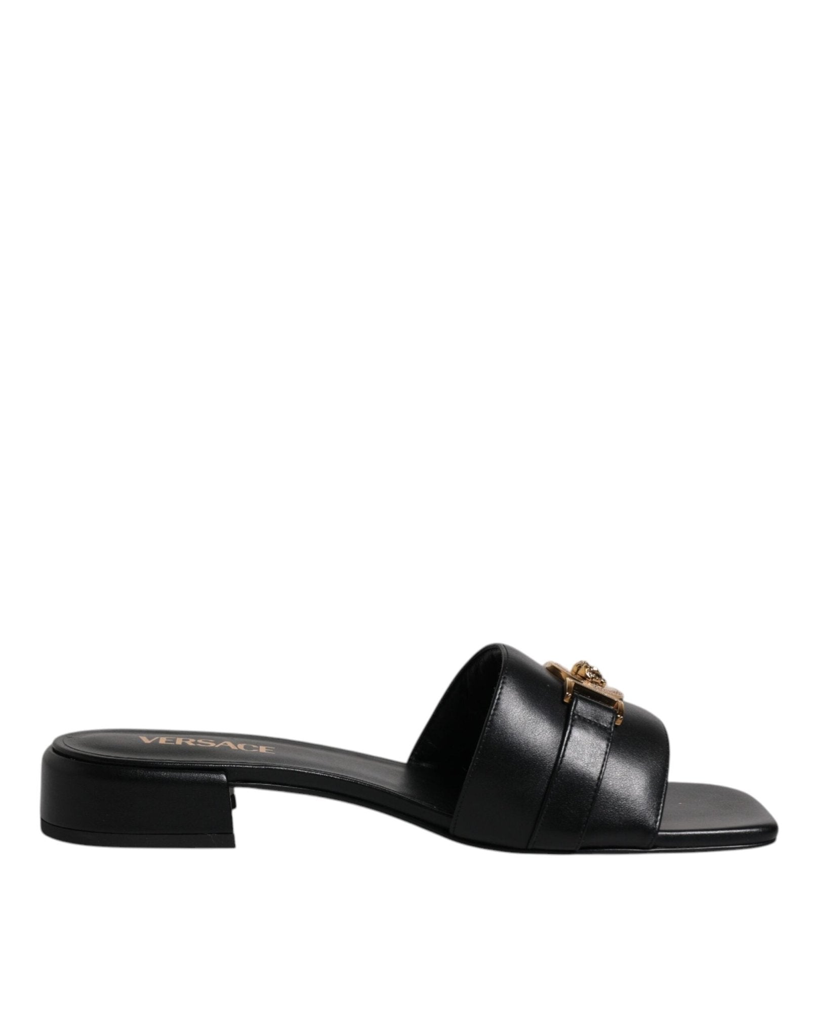 Versace Black Leather Logo Plaque Slip On Slides Flats Shoes - Sandy Store ByNet