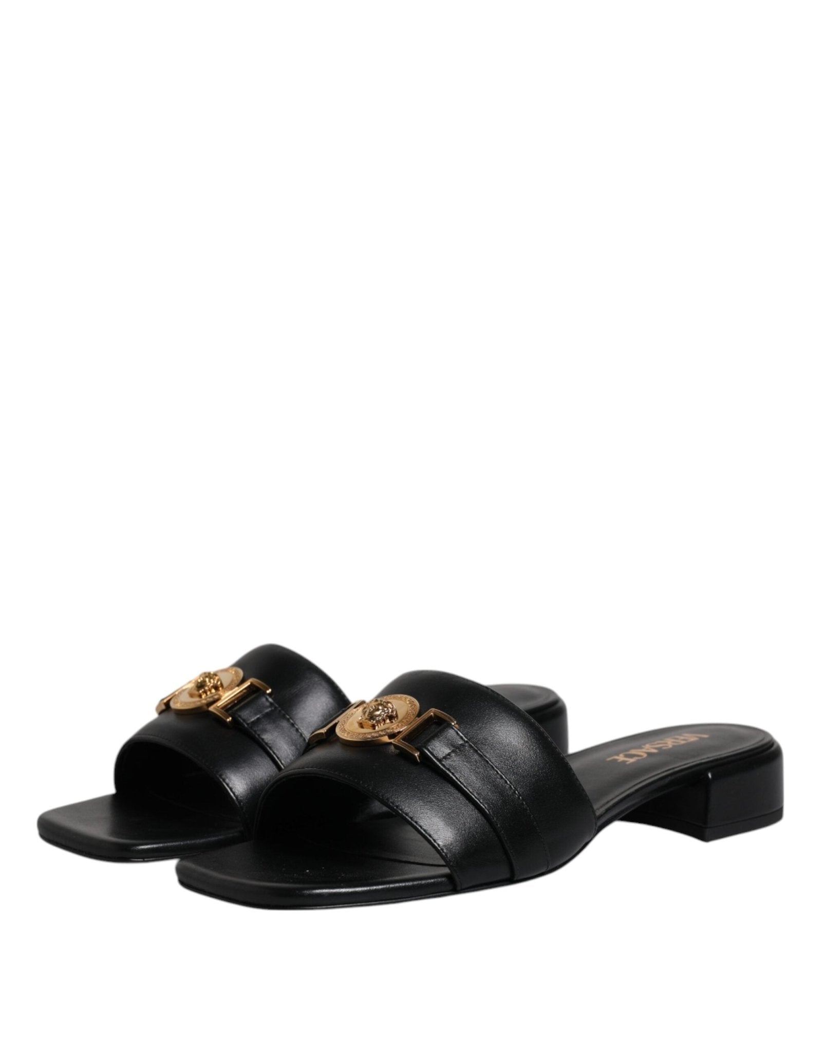 Versace Black Leather Logo Plaque Slip On Slides Flats Shoes - Sandy Store ByNet