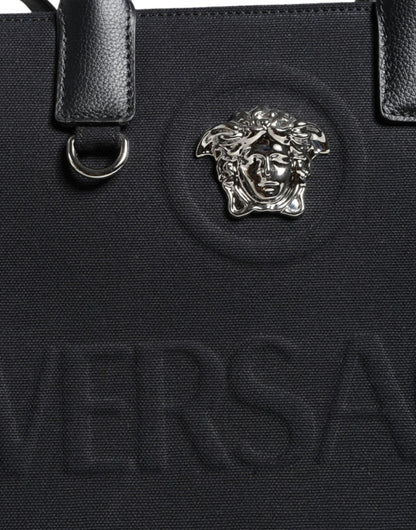Versace Black Top Handle Canvas Leather Logo Crossbody Tote Bag - Sandy Store ByNet