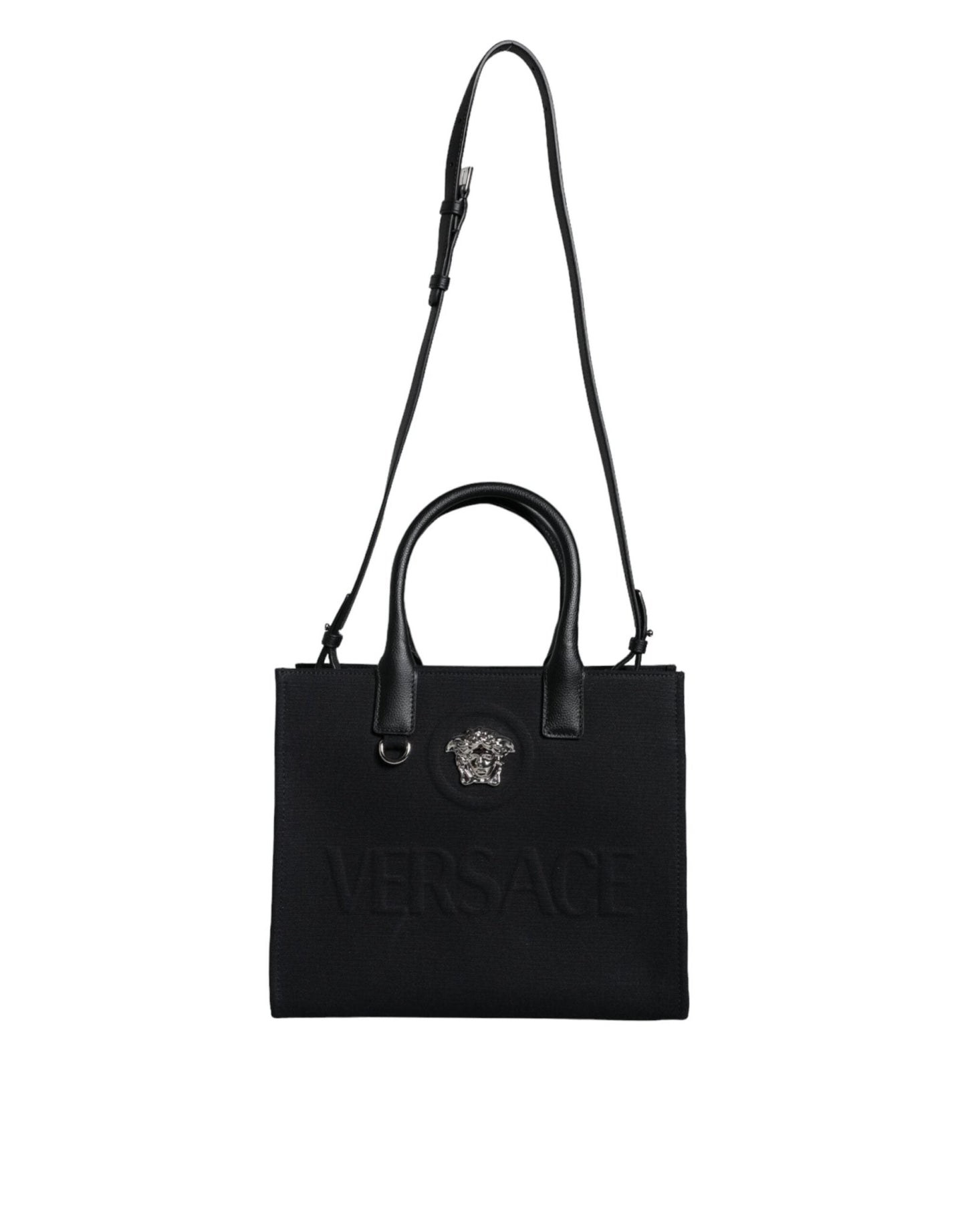 Versace Black Top Handle Canvas Leather Logo Crossbody Tote Bag - Sandy Store ByNet