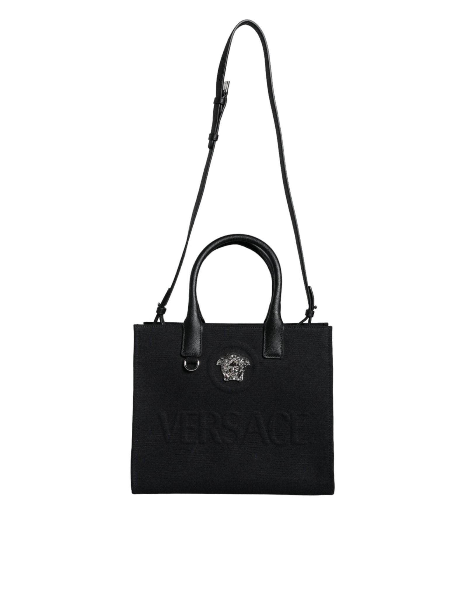 Versace Black Top Handle Canvas Leather Logo Crossbody Tote Bag - Sandy Store ByNet