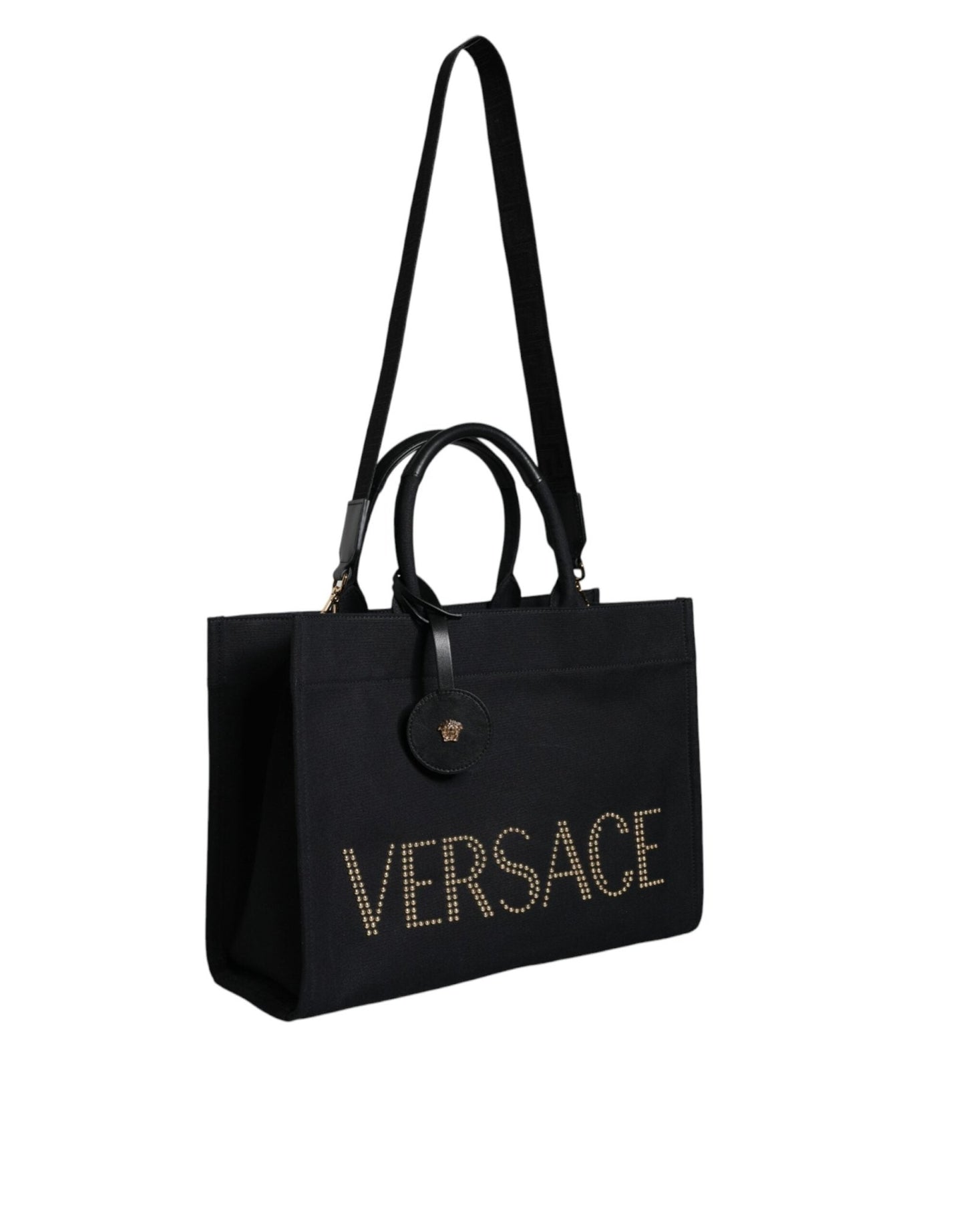 Versace Black Top Handle Canvas Leather Logo Crossbody Tote Bag - Sandy Store ByNet