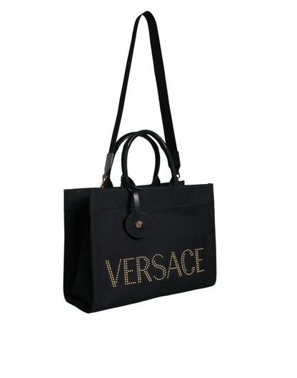 Versace Black Top Handle Canvas Leather Logo Crossbody Tote Bag - Sandy Store ByNet