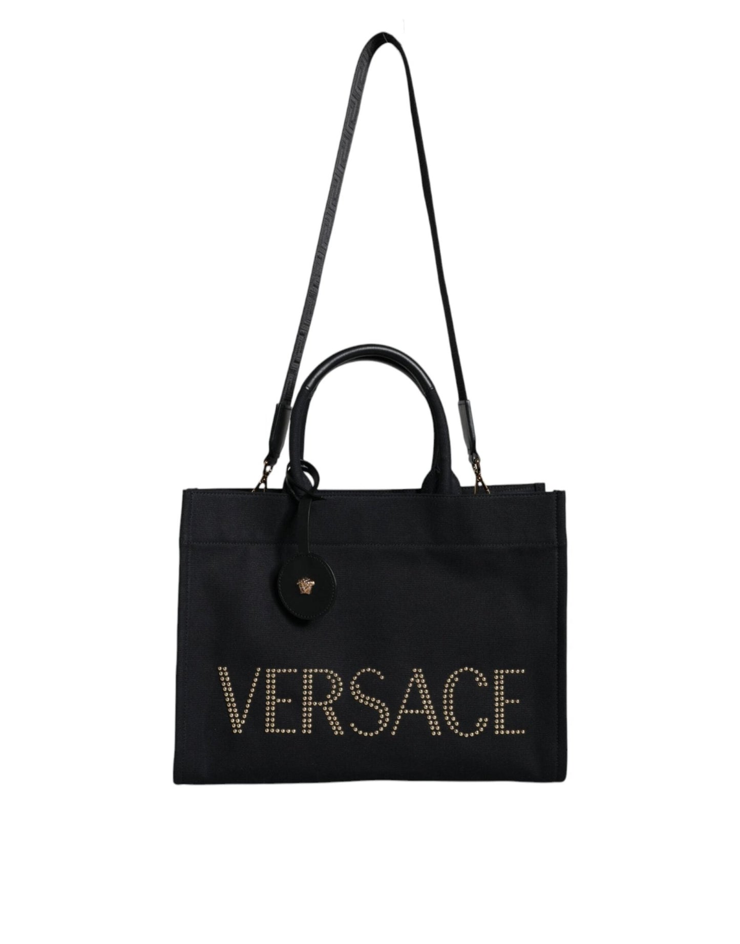 Versace Black Top Handle Canvas Leather Logo Crossbody Tote Bag - Sandy Store ByNet