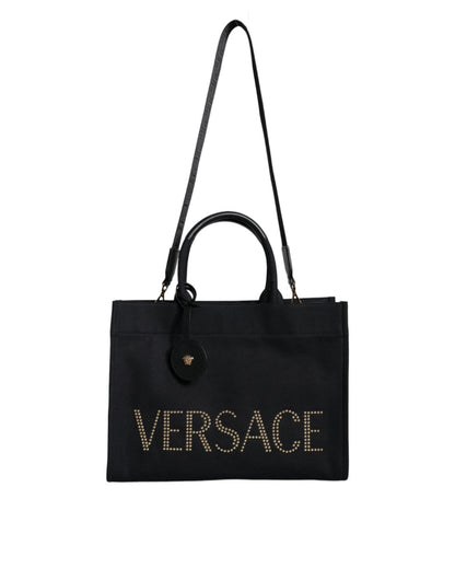 Versace Black Top Handle Canvas Leather Logo Crossbody Tote Bag - Sandy Store ByNet