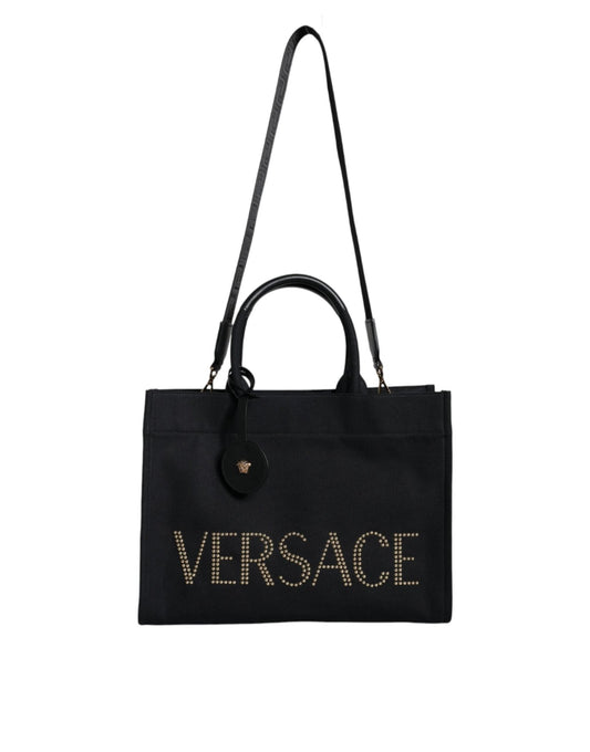 Versace Black Top Handle Canvas Leather Logo Crossbody Tote Bag - Sandy Store ByNet