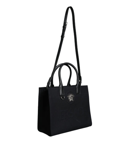 Versace Black Top Handle Canvas Leather Logo Crossbody Tote Bag - Sandy Store ByNet