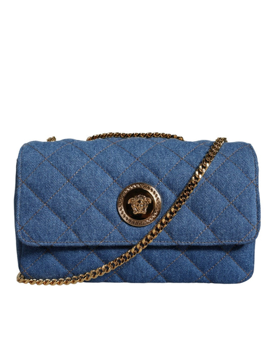 Versace Blue Quilted Denim Leather Crossbody Shoulder Bag - Sandy Store ByNet