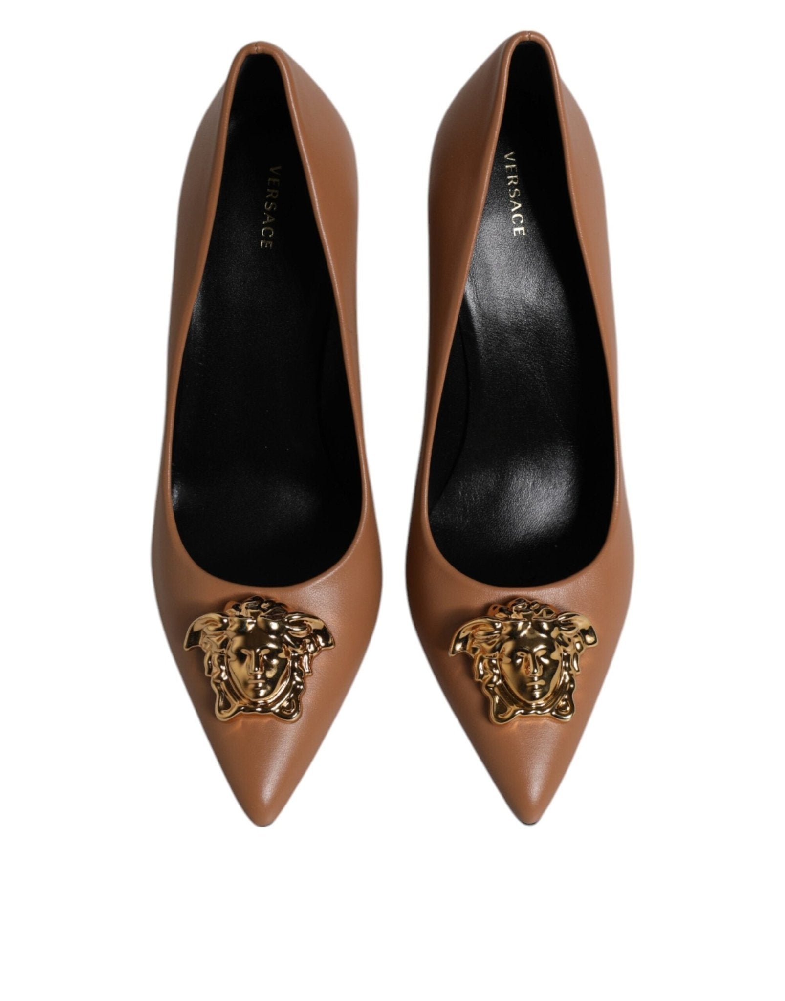 Versace Brown Leather Logo Plaque High Heels Pumps Shoes - Sandy Store ByNet
