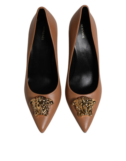 Versace Brown Leather Logo Plaque High Heels Pumps Shoes - Sandy Store ByNet