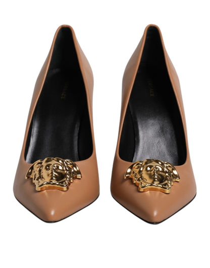 Versace Brown Leather Logo Plaque High Heels Pumps Shoes - Sandy Store ByNet