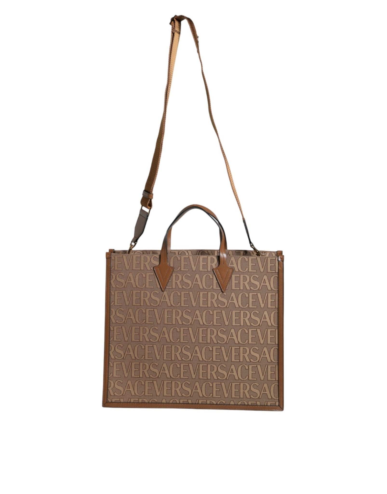 Versace Brown Top Handle Jacquard Leather Logo Crossbody Tote Bag - Sandy Store ByNet