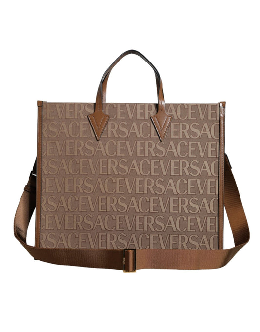 Versace Brown Top Handle Jacquard Leather Logo Crossbody Tote Bag - Sandy Store ByNet