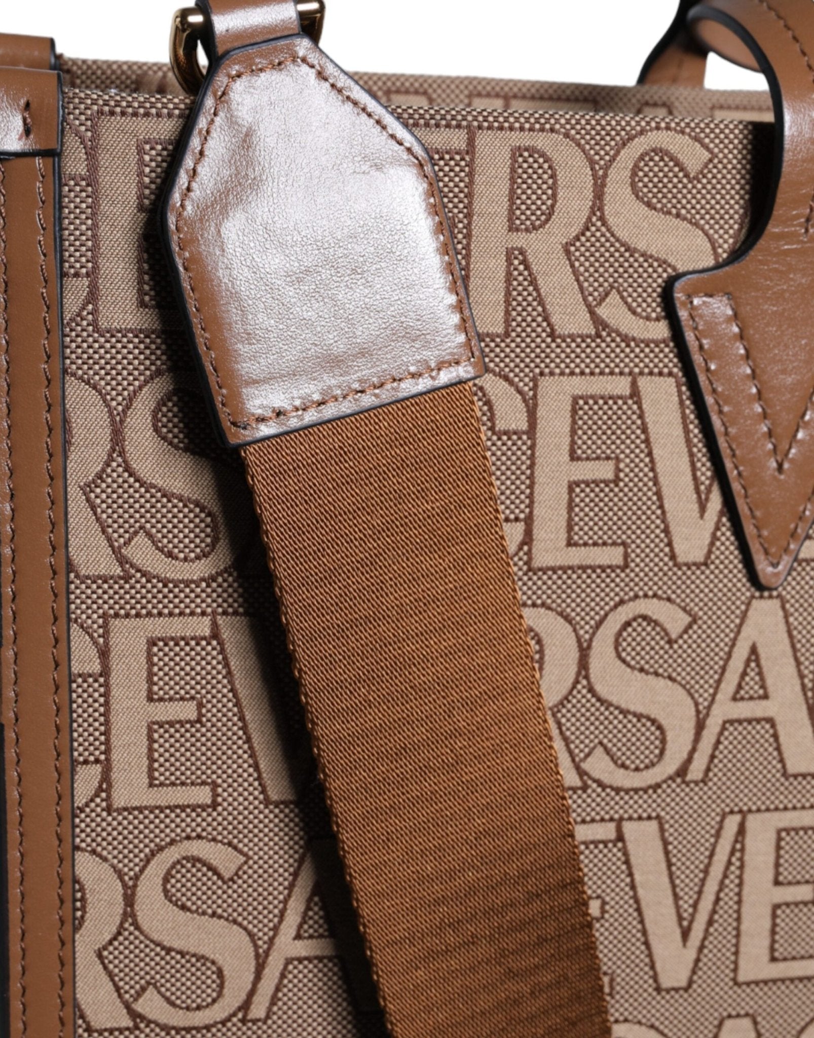 Versace Brown Top Handle Jacquard Leather Logo Crossbody Tote Bag - Sandy Store ByNet