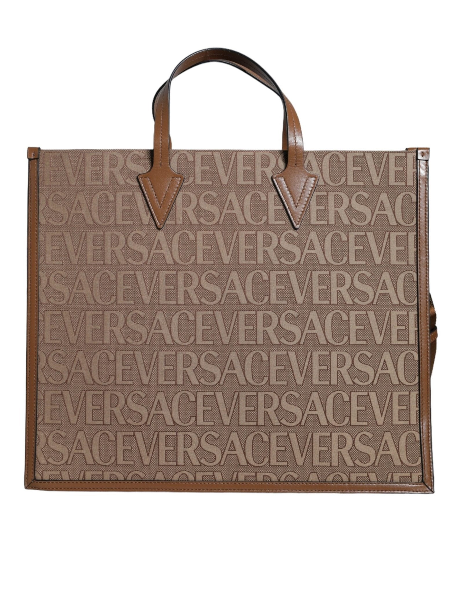 Versace Brown Top Handle Jacquard Leather Logo Crossbody Tote Bag - Sandy Store ByNet