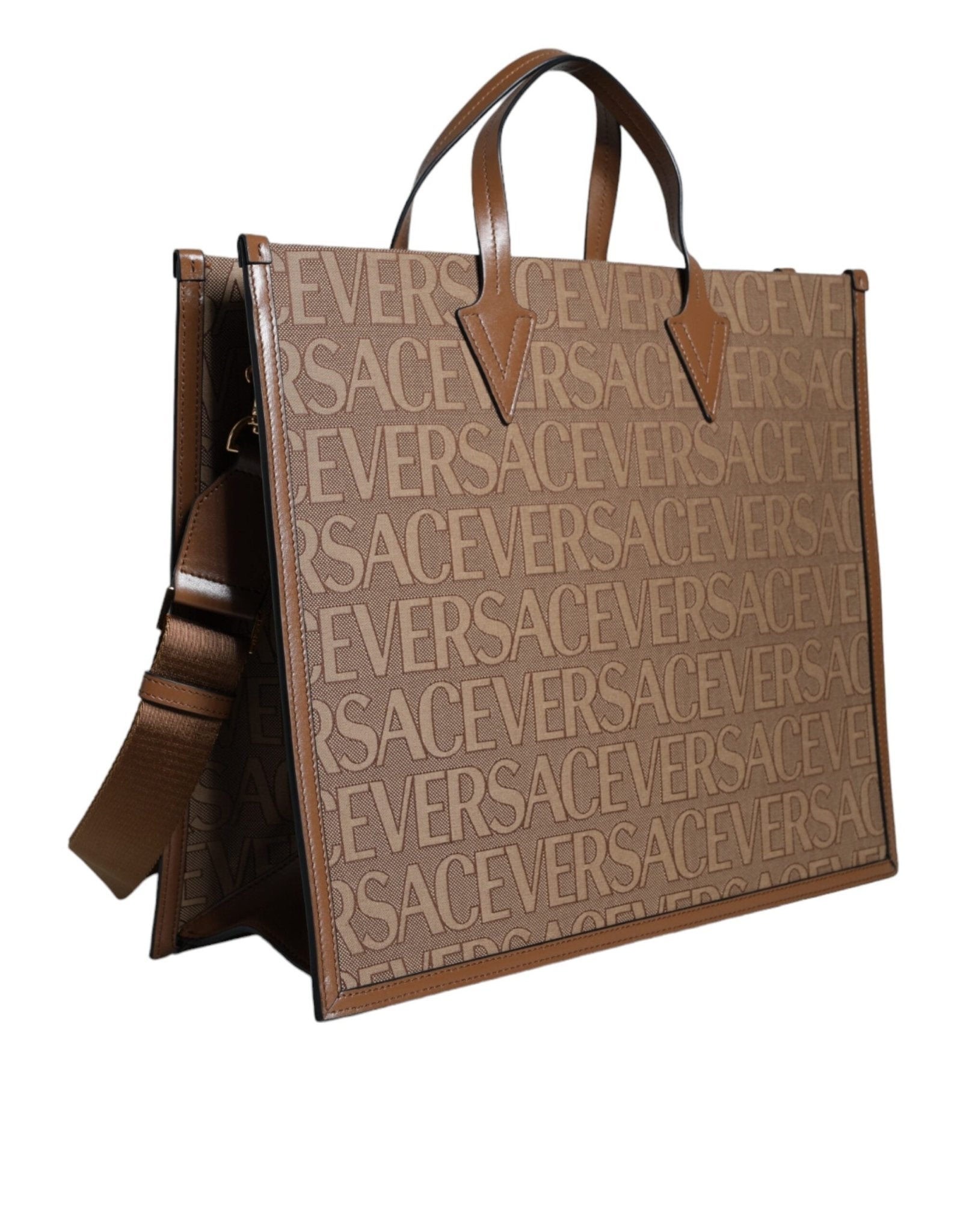 Versace Brown Top Handle Jacquard Leather Logo Crossbody Tote Bag - Sandy Store ByNet