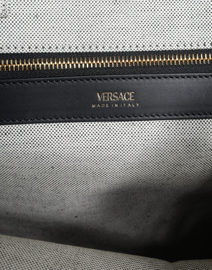Versace White Top Handle Canvas Leather Logo Crossbody Tote Bag - Sandy Store ByNet