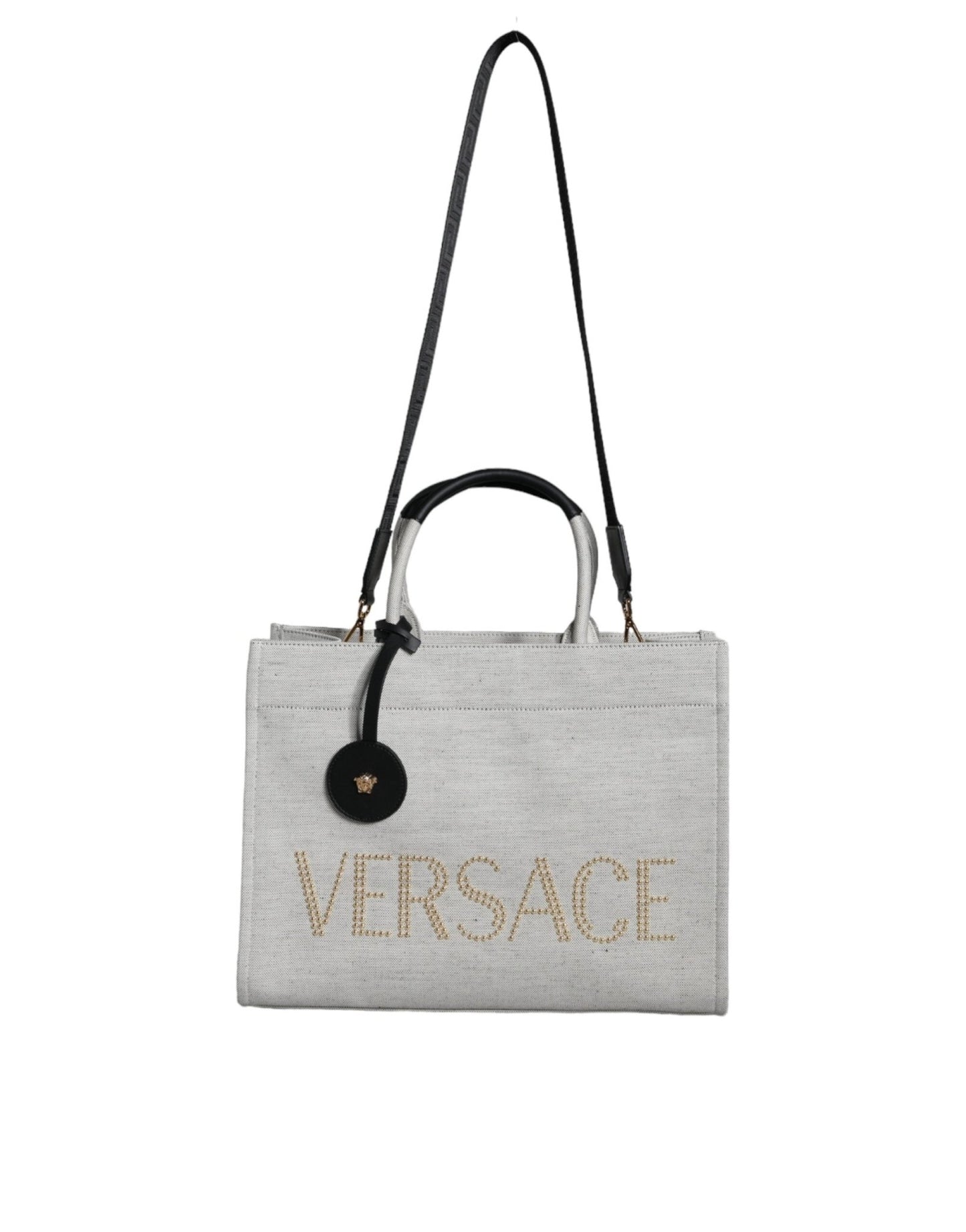 Versace White Top Handle Canvas Leather Logo Crossbody Tote Bag - Sandy Store ByNet