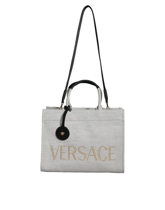 Versace White Top Handle Canvas Leather Logo Crossbody Tote Bag - Sandy Store ByNet