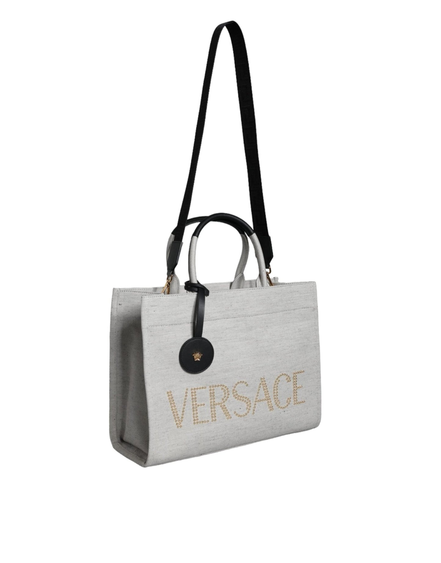 Versace White Top Handle Canvas Leather Logo Crossbody Tote Bag - Sandy Store ByNet