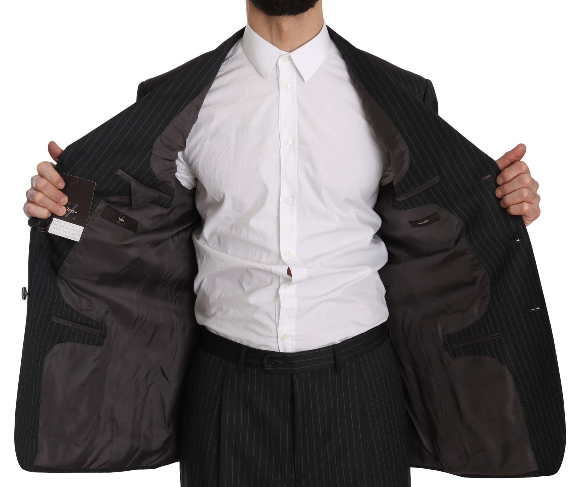 Z ZEGNA Elegant Black Striped Wool Suit - Sandy Store ByNet